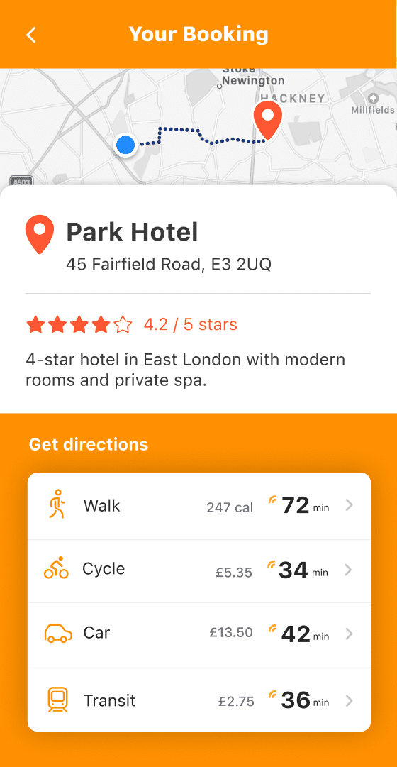 Screenshot of a hotel listing with routing options for walk, cycle, car, and transit